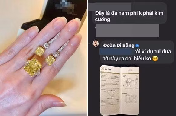 Tuy nhiên, trong số những bình luận đó xuất hiện một tài khoản tên S.Tr lại bày tỏ: "Đây là đá Nam Phi, không phải kim cương". Ngay lập tức, chính chủ chia sẻ giấy chứng nhận sản phẩm được khẳng định bởi Viện đá quý Hoa Kỳ (GIA). "Rồi tôi đưa tờ này ra coi hiểu được không?", cô đáp lại.