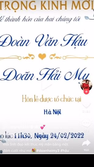 Theo thông tin trong tấm thiệp, đám cưới của cặp đôi sẽ diễn ra vào ngày 24/2 tại Hà Nội. Người đăng tải clip còn chú thích: "Từ hôm nay chúng ta sẽ chính thức là vợ chồng của nhau. Một mối tình đẹp kết thúc mỹ mãn bằng một đám cưới như mơ".