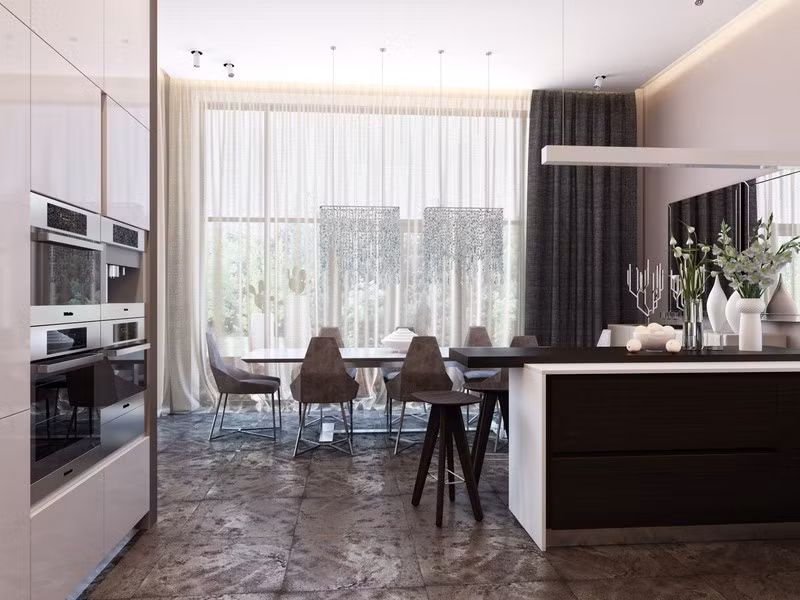 Rèm cửa ngăn khu vực bàn ăn với quầy bar.