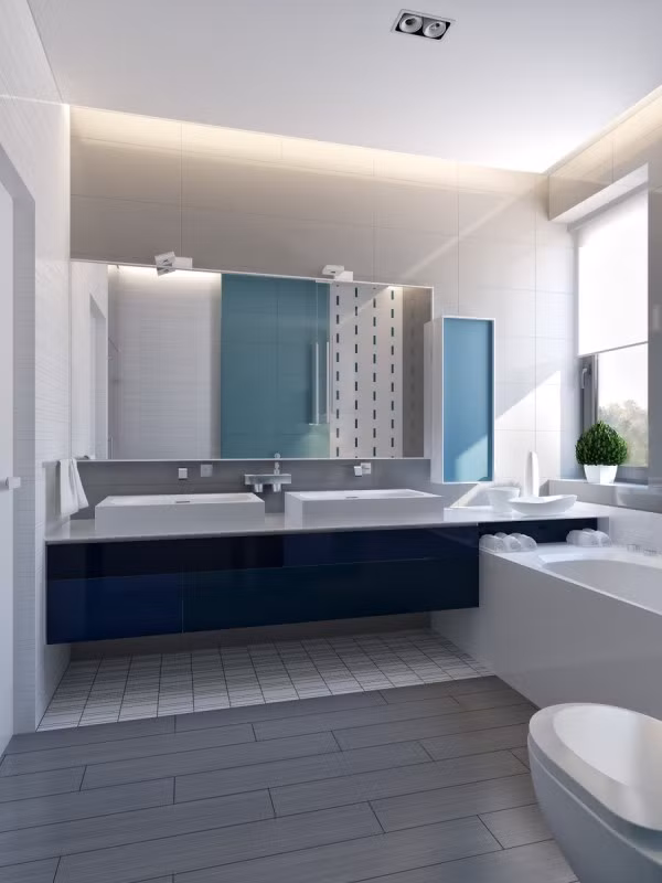Nội thất hiện đại kết hợp với ánh sáng khiến căn phòng tắm luôn sạch sẽ và thoáng đãng.