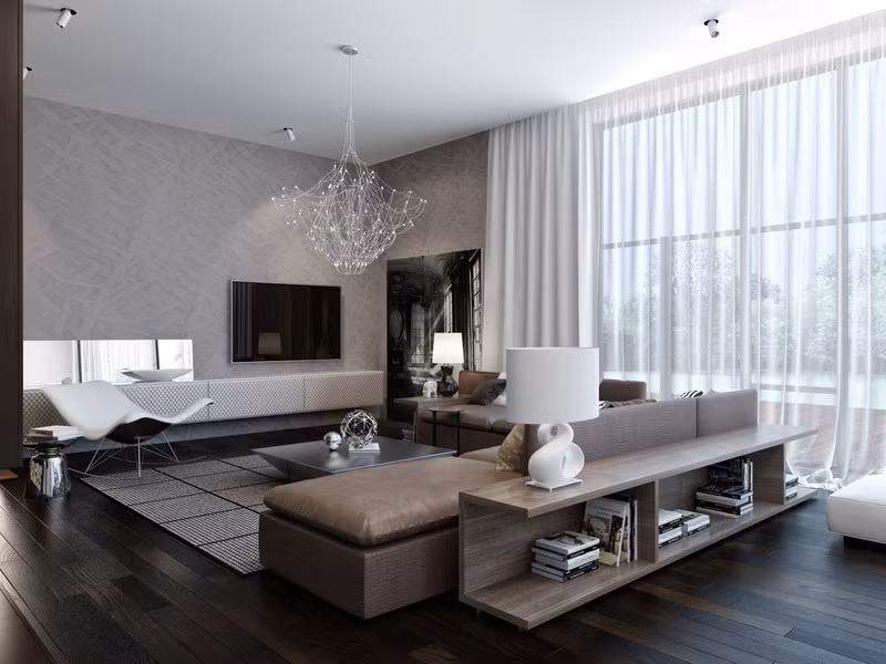 Đồ nội thất thấp phù hợp với cuộc sống hiện đại. Một tấm rèm cửa 2 lớp để chủ nhà dễ dàng điều chỉnh ánh sáng trong phòng theo sở thích.