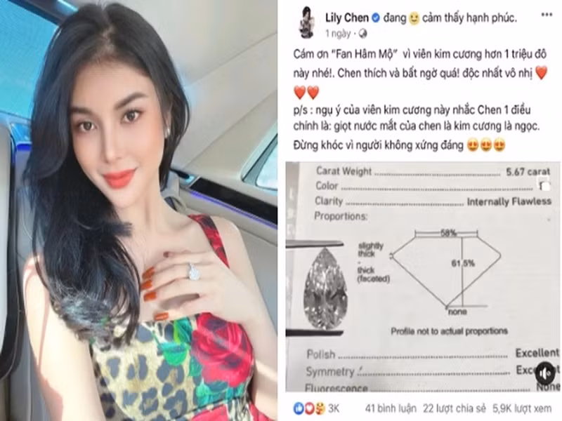 Tháng 11/2021, trên trang cá nhân, LiLy Chen khoe viên kim cương trị giá 1 triệu USD do một "người hâm mộ" tặng. Tuy nhiên, ngay sau đó, bài đăng đã biến mất trên trang cá nhân của Lily Chen. Ảnh: Pháp Luật và Bạn Đọc.