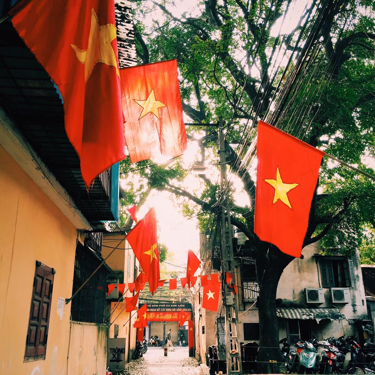 Khung cảnh con phố nhỏ rợp cờ đỏ sao vàng luôn là chủ đề đối với nhiều nhiếp ảnh gia. Với góc nhìn của mình, Hà Phong mang đến một cảm giác gần gũi thân thuộc lạ kỳ. Khung cảnh gợi nhớ với những người Hà Thành xa xứ về cảm giác yên bình, ấm áp, cổ xưa một chất rất riêng của Hà Nội. (Ảnh: Hoàng Gia Hà Phong)