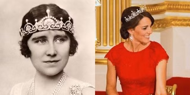 Công nương Kate đội vương miện gắn kim cương và ngọc trai được làm từ năm 1923 cho các sự kiện chính thức tại Cung điện Buckingham.