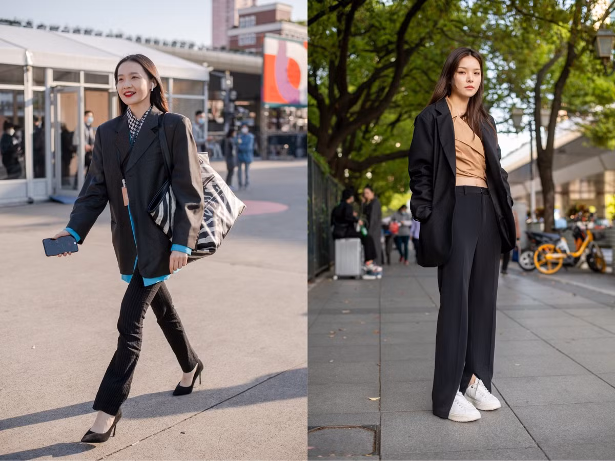 4. Phái nữ ưa chuộng phong cách menswear: Những set đồ màu đen với áo blazer và quần suông chưa bao giờ lỗi mốt. Chỉ cần kết hợp với một chiếc áo croptop hoặc áo sơmi hoạ tiết độc đáo bên trong là các cô nàng có thể tự tin xuống phố với một diện mạo cực cool ngầu.