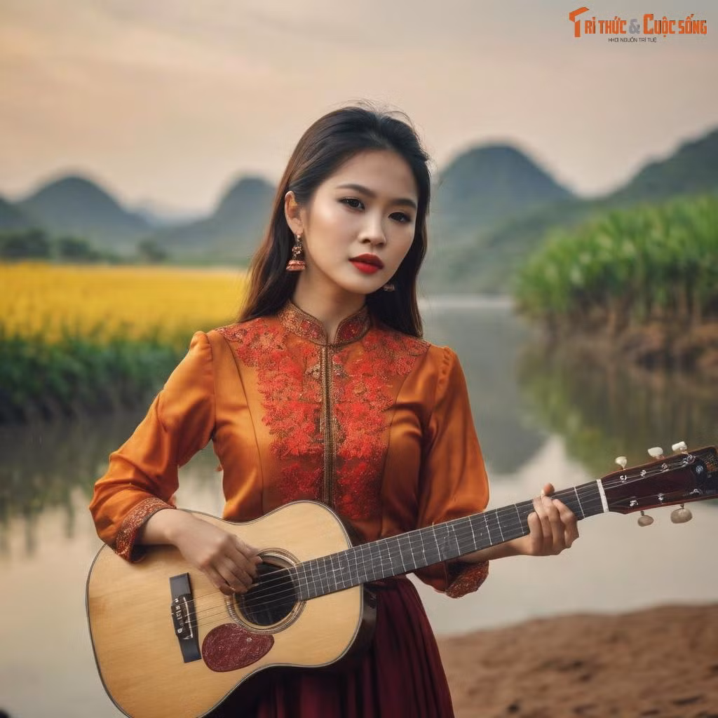 Cô gái chơi đàn trong khung cảnh thôn quê bình dị.