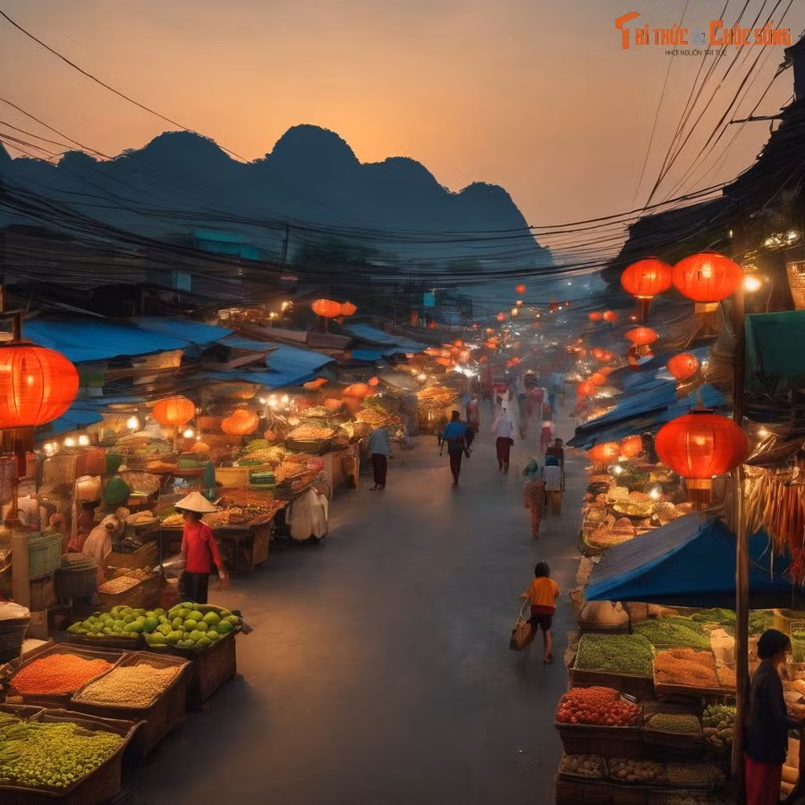 Khu chợ Việt Nam với nét quen thuộc của những sạp hàng và chiếc nón lá, vừa rất "ảo" với đèn lồng đỏ treo cao và dãy núi hùng vĩ phía xa.
