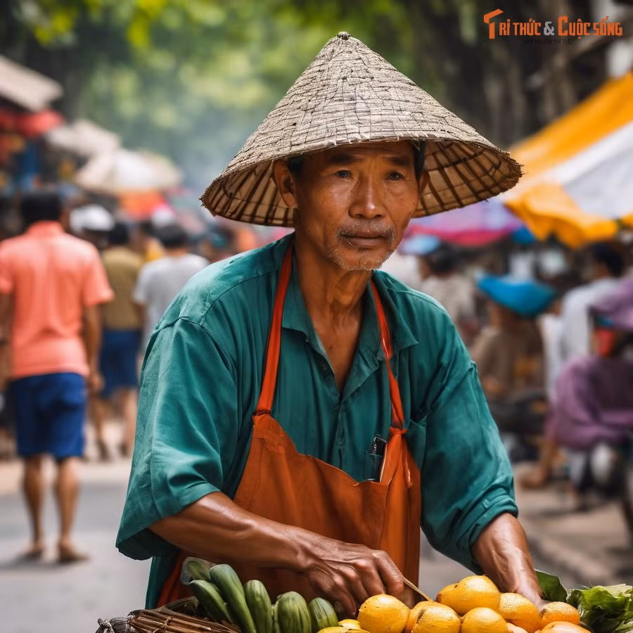 Cụ ông bán rau quả trên phố.