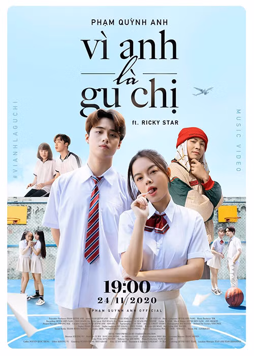  Phạm Quỳnh Anh vừa tung MV “Vì anh là gu chị”. Trong sản phẩm âm nhạc mới, cô vào vai "chị đại" trong trường đem lòng tương tư nam sinh nhút nhát, bị bắt nạt khóa dưới.