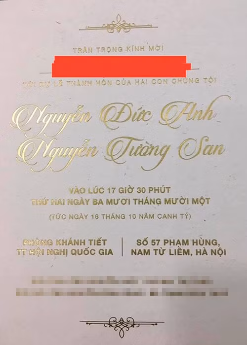 Mới đây, Tường San còn lộ thiệp cưới. Ảnh: Công lý &amp; xã hội