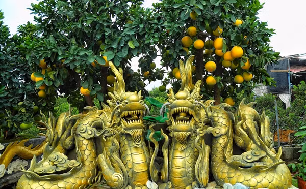 Thế nhưng, để có nhiều tác phẩm như vậy thì phải cần thân cây bưởi đã già cỗi bị lũa. Tuy nhiên, do rất khó để tìm kiếm nên chủ vườn suy nghĩ đến việc dùng bê tông tạo thành các tác phẩm để làm chậu sau đó đặt cây bưởi lên. Ảnh: Daidoanket