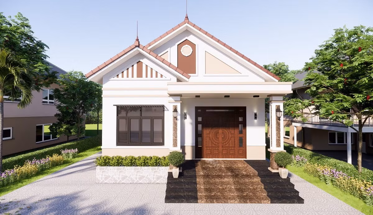 Mẫu nhà cấp 4 mái thái xây trên khu đất 5x20m nổi bật với thiết kế truyền thống nhưng rất sang trọng. Ảnh: Menoithat