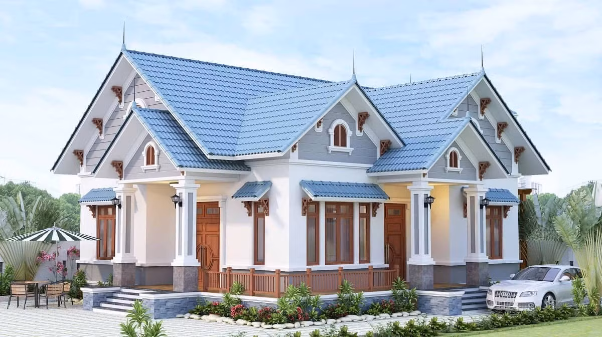 Nhà cấp 4 mái thái có sân vườn là lựa chọn phù hợp với gia đình có diện tích rộng. Ảnh: Menoithat