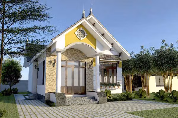 Nhà cấp 4 mái thái nổi bật với thiết kế giả gỗ cùng khuôn viên sân vườn đẹp mắt. Ảnh: Noithatnhaviet