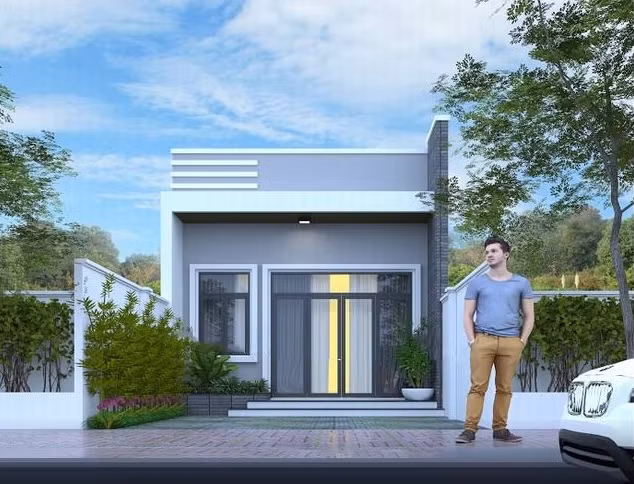Nhà cấp 4 mái bằng thiết kế gọn gàng, có khối đua ra phía trước giúp hạn chế tình trạng hắt nắng và mưa vào bên trong. Ảnh: Wedo