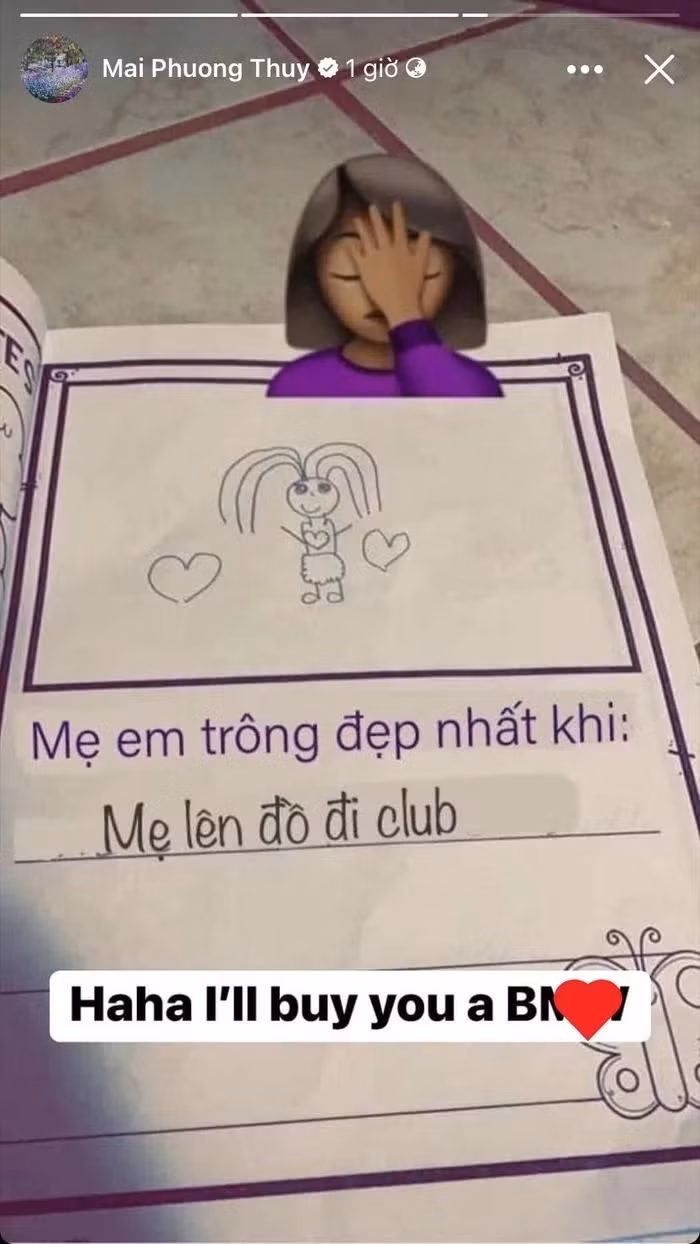 Hồi đầu năm 2024, Hoa hậu Việt Nam 2006 chia sẻ hình ảnh có nội dung "Mẹ em trông đẹp nhất khi mẹ em đi club" và hào hứng nói "Haha, I will buy you B.W (tạm dịch là Haha, mẹ sẽ mua cho con B.W (PV- tên một hãng xe ô tô đắt đỏ)".