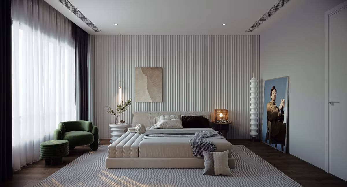 Điểm nhấn trong phòng ngủ là bức ảnh treo tường khổ lớn và tivi đặt đối diện giường. Ảnh: FBNV