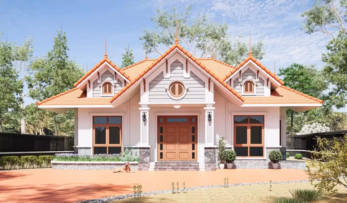 Mẫu nhà cấp 4 mái Thái sân vườn phù hợp với khu vực ở nông thôn, nơi có quỹ đất rộng rãi, chi phí vật liệu, nhân công rẻ hơn so với thành thị. Ảnh: Noithattugia