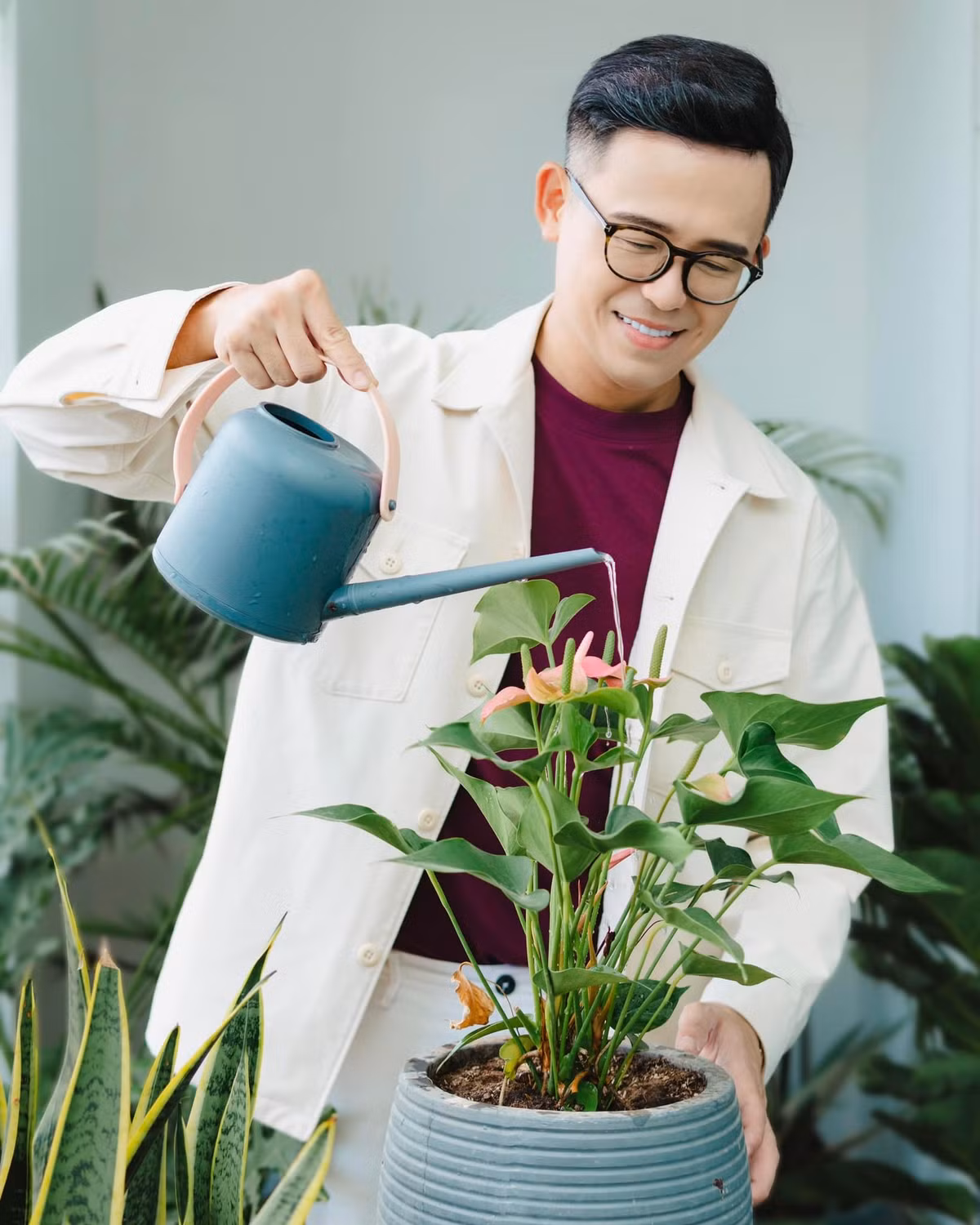 Nam MC còn bố trí cây xanh trong nhà, bắt đầu từ ban công, đến phòng khách, trên bàn làm việc.
