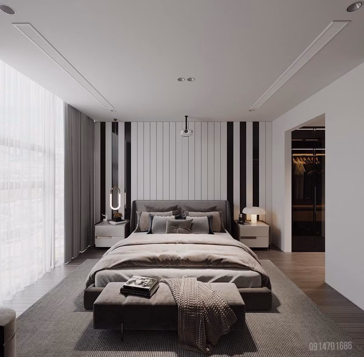 Phòng ngủ master có cửa kính lớn, tạo tầm view bao trọn thành phố.