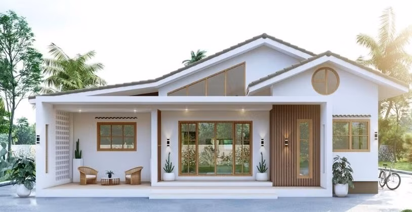 Mẫu nhà cấp 4 mái thái đơn giản có giá thành hợp lý, phù hợp với các gia đình có thu nhập thấp. Ảnh: Spacet