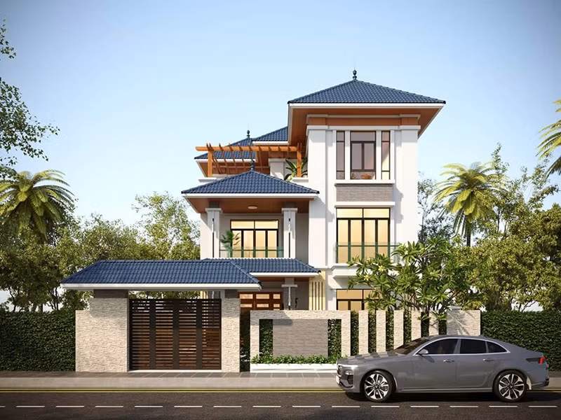Nhà 3 tầng mái Nhật có bố cục hợp lý từ hình khối cho tới màu sắc. Với diện tích rộng, kiến trúc sư thiết kế theo kiểu nhà vườn. Ảnh: Wedo