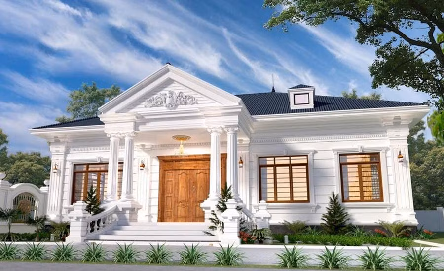 Thiết kế theo phong cách tân cổ điển, nhà mái Nhật có sự đầu tư tỉ mỉ từ họa tiết hoa văn, phào chỉ trang trí cho đến trụ cột. Ảnh: Neohouse