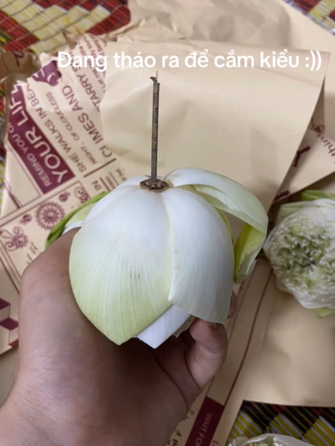 Cụ thể là người bán đã sử dụng những chiếc que nhỏ để gắn đầu hoa với cuống hoa. Vì hoa được bó trong giấy gói nên thoạt nhìn người mua khó có thể phát hiện ra dấu hiệu này, chỉ khi tháo hoa ra cắm thì mới thấy được sự bất thường.