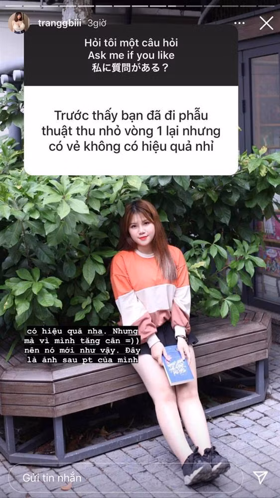 Cách đây ít ngày, khi bị một số dân mạng thắc mắc về vòng 1 ngoại cỡ của bản thân, nữ sinh họ Võ đã đáp trả thẳng thắn. Cô cho biết, việc phẫu thuật vòng 1 nhỏ lại có hiệu quả, tuy nhiên vì tăng cân nên nó mới không có sự thay đổi gì.