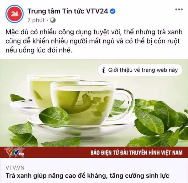 Khi mọi người vẫn đang bàn tán xôn về drama này thì mới đây dân mạng đang cực thích thú với động thái của nhà đài VTV. Không biết vô tình hay hữu ý mà mới đây VTV24 cũng có một post về công dụng của trà xanh - loại thức uống phổ biến, giữa tâm điểm của scandal.