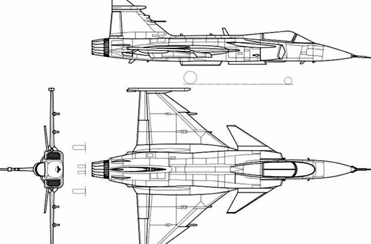  Tiêm kích JAS-39 Gripen F có chiều dài 12m, sải cánh 8m, được trang bị 1 động cơ RM12 của Volvo.