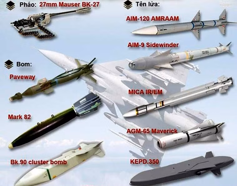 Về vũ khí, JAS-39 Gripen F là một trong máy bay mang nhiều kiểu vũ khí do nhiều nước sản xuất nhất. Danh sách tên lửa, bom mà JAS-39 Gripen E mang được do Mỹ, Anh, Pháp, Đức sản xuất.