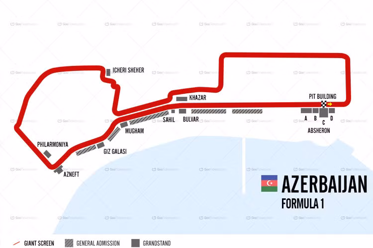 Đường đua tại thành phố Baku, Azerbaijan được thiết kế đặc biệt đi qua những công trình kiến trúc lịch sử của thành phố trong đó có tháp Maiden được xây từ thế kỉ 12, tháp Lửa và các toà nhà chọc trời được thắp sáng bằng đèn LED.