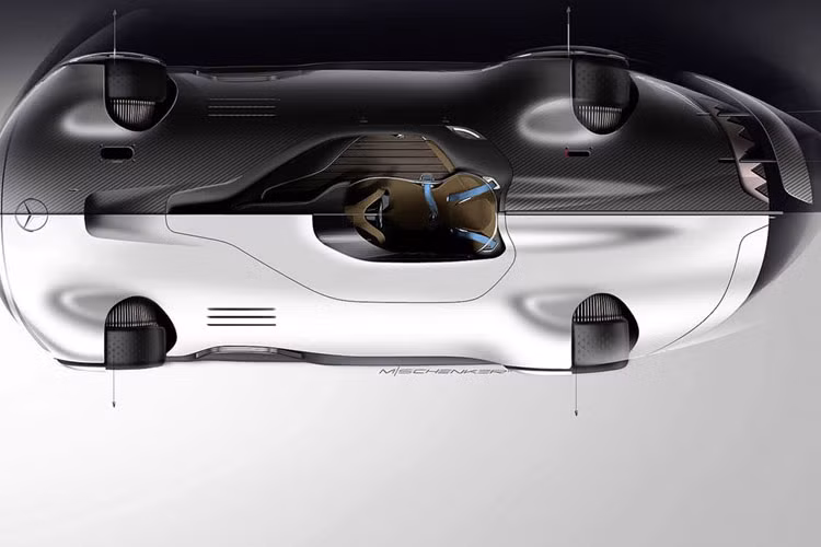 Tổng quát xe nhìn từ trên xuống. Mercedes EQ Silver Arrow được hãng xe sang Mercedes-Benz trang bị chủ yếu sử dụng chất liệu sợi carbon siêu nhẹ, siêu bền.