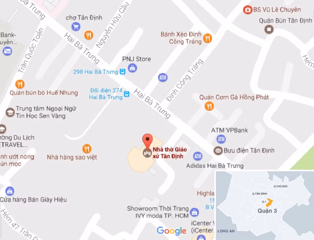 Nhà thờ Tân Định nằm ở số 289 Hai Bà Trưng, phường 8, quận 3, TP.HCM. Ảnh: Google Map.