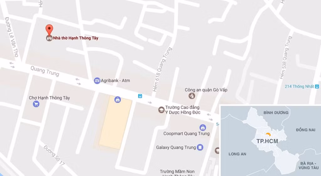 Nhà thờ Hạnh Thông Tây nằm ở số 53/7, đường Quang Trung, phường 11, quận Gò Vấp, TP.HCM. Ảnh: Google Map.