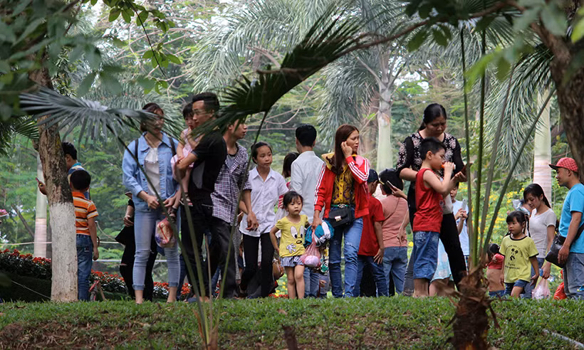 Đại gia đình này đua nhau dẫm đạp lên cỏ ở công viên.