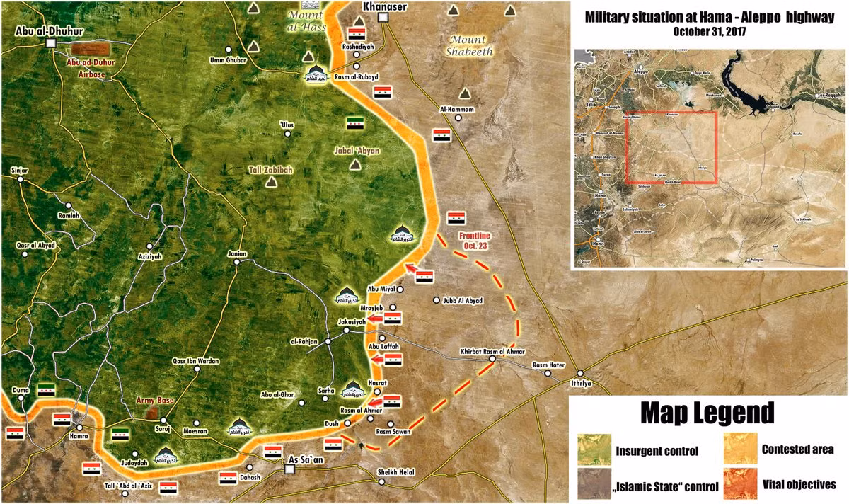 Tình hình chiến sự trên tuyến đường cao tốc Hama-Aleppo ngày 31/10/2017. Ảnh: SF.