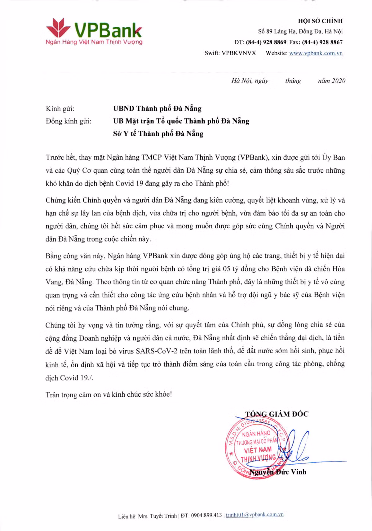 VPBank ung ho 5 ty dong cho benh vien da chien Hoa Vang, Da Nang