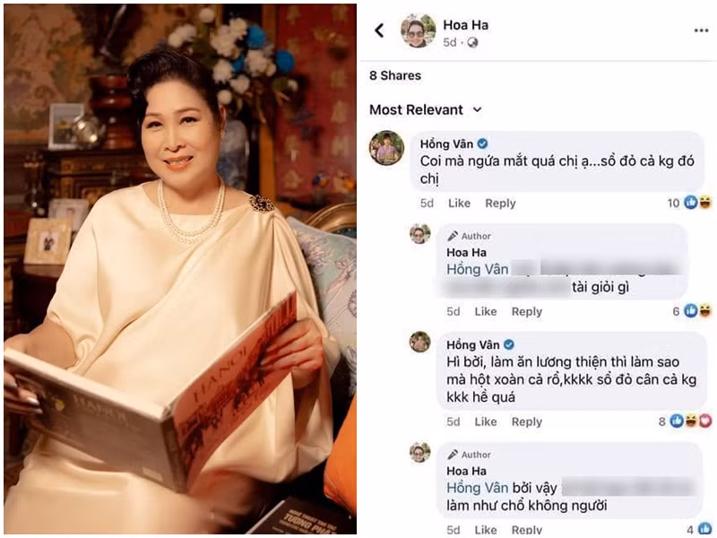 Hồng Vân cũng là một trong những nghệ sĩ vướng ồn ào với bà Phương Hằng. Sự việc bắt nguồn từ bình luận của Hồng Vân với đạo diễn Hoa Hạ ám chỉ bà Hằng "nổ" khi tuyên bố "sổ đỏ, kim cương cân cả ký, cả rổ". Sau đó, dù Hồng Vân phủ nhận đá xéo, bà Hằng vẫn liên tục công kích Hồng Vân. Bà từng tung đoạn ghi âm ẩn ý nhân vật là Hồng Vân có lời lẽ không hay về khán giả. Ảnh: Saostar