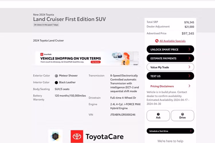 Cụ thể, tại đại lý Concord Toyota cũng thuộc tiểu bang California, Toyota Land Cruiser 2024 đang được chào bán với giá 97.345 USD (2,478 tỷ đồng) dù giá niêm yết tại khu vực này chỉ là 76.345 USD (1,94 tỷ đồng).