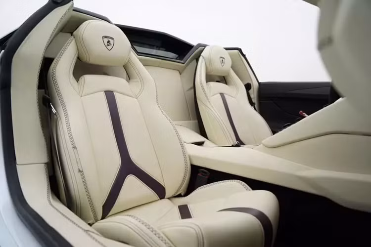 Trước khi mang nội thất màu kem và sọc chữ T cùng chỉ may ghế màu tím, chiếc siêu xe mui trần Lamborghini Aventador LP700-4 Roadster này còn từng được bọc da màu cam nổi bật. Quá trình mang xe về nước khá bí ẩn, chỉ đến khi đại gia lan đột biến mua về, ra biển số của tỉnh Bình Phước, nó mới đươc biết đến rộng rãi trên mạng xã hội.