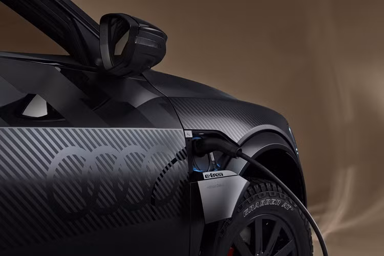 Trên hình ảnh minh họa chính thức do Audi phát hành, có thể thấy chiếc Q8 e-tron Dakar mang trên mình màu sơn đen ánh kim Mythos Black và được trang trí bởi các họa tiết decal tùy chọn.