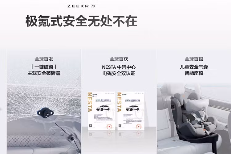 Theo đó, ghế an toàn cho trẻ em trên Zeekr 7X được đặt quay mặt về phía trước, túi khí sẽ nằm giữa dây đai vai trước mặt trẻ. Trong trường hợp gặp va chạm trực diện, túi khí sẽ giữ cố định đầu của trẻ để hạn chế việc bị di chuyển quá xa về phía trước.