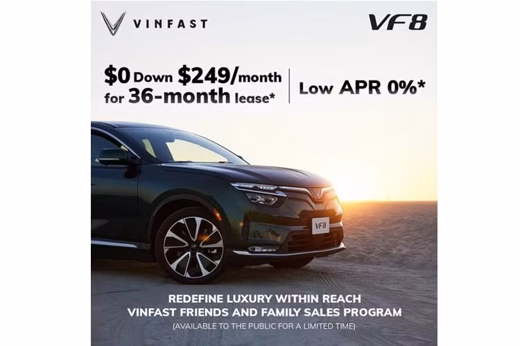 Mới đây VinFast đã công bố chương trình ưu đãi thuê xe VinFast VF8, áp dụng đến hết ngày 31/1. Theo đó, giá thuê xe được giảm xuống còn 249 USD (6 triệu đồng) mỗi tháng, đi kèm chi phí đặt cọc là 944 USD (24,2 triệu đồng). Như vậy, tổng chi phí thuê xe hàng tháng thực tế chỉ còn 275 USD (quy đổi hơn 6,7 triệu đồng).