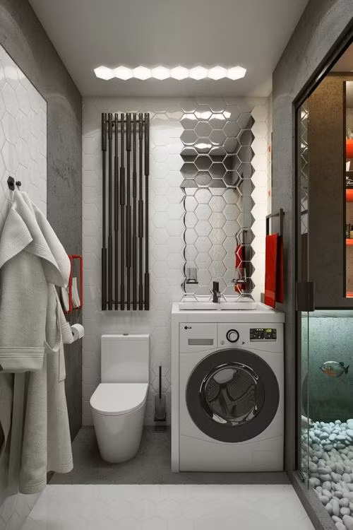 Dù diện tích nhỏ hẹp nhưng phòng tắm vẫn đủ chỗ cho một máy giặt và buồng tắm lát gạch sang trọng.