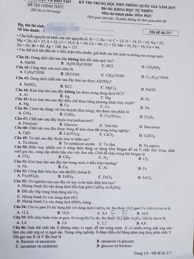 Đáp án đề thi tham khảo môn Hóa học THPT quốc gia 2019 - Hình 7 Dap an de thi tham khao mon Hoa hoc THPT quoc gia 2019-Hinh-7