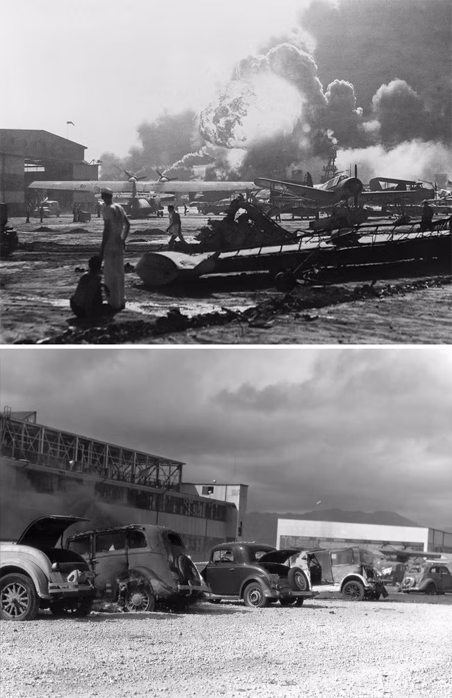 Vào ngày 7/12/1941, Nhật Bản bất ngờ tấn công căn cứ Mỹ ở Trân Châu Cảng. Sau sự kiện này, Mỹ chính thức tham gia Chiến tranh thế giới 2. Những bức ảnh lịch sử chụp sự kiện này khiến công chúng không thể nào quên cuộc chiến này đã gây ra mất mát, đau thương như thế nào.