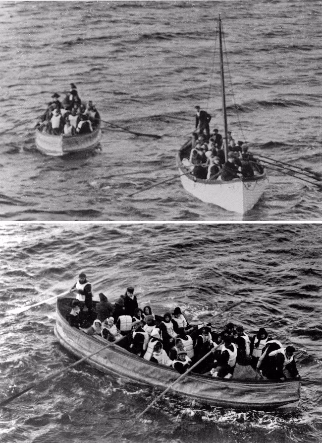 Hình ảnh những chiếc thuyền cứu sinh cuối cùng chở hành khách trên tàu Titanic sau khi nó đâm vào tảng băng trôi dẫn đến bị chìm xuống đáy biển. Vụ đắm tàu này đã cướp đi sinh mạng của hơn 1.000 người. Ảnh chụp ngày 15/4/1912.
