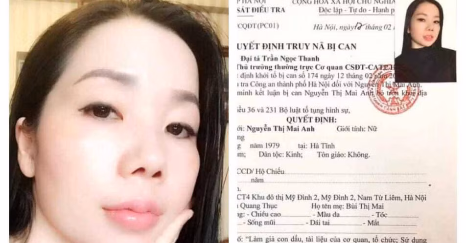 Ngày 16/3, Công an TP Hà Nội cho biết, cơ quan này đã ra quyết định truy nã bị can đối với Nguyễn Thị Mai Anh (41 tuổi, trú tại phường Mỹ Đình 2, quận Nam Từ Liêm, Hà Nội) về tội làm giả con dấu, tài liệu của cơ quan, tổ chức và tội sử dụng con dấu hoặc tài liệu giả của cơ quan, tổ chức.